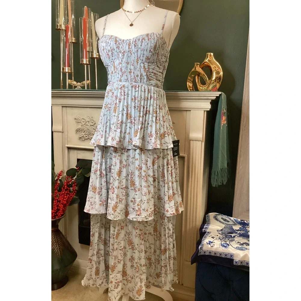 Lulus Floral Maxi Dress Womens Small Blue NWT Tiered Pleated Ruffle Romantic - Picture 1 of 6